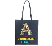 Sac cabas Personnalisé avec Monogramme Floral | Design d’initiale Personnalisée avec Prénom ou Mot en option | Sac pour l’école, le sport, les voyages et un usage quotidien (M Noir Multicolore)