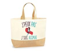 Sac cabas - PLANETEE - Assistante maternelle « J'peux pas » - Jute & coton - Beige - Grande contenance, éco-responsable
