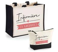 Sac cabas - PLANETEE - Duo ""Infirmière en Vacances"" - Jute & coton 33x42 cm - Impression DTF HD - Fabrication française