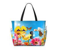 Sac cabas printanier à motif papillon monarque et fleurs, grand format, pour la plage, avec fermeture éclair et poche imperméable. Léger et pliable, il est idéal pour la salle de sport, les voyages, l