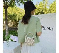 Sac cabas seau tressé à perles de style vintage français, sac à main d'été au design de perle ajouré GéométriquePolypropylène