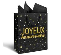 Sac Cadeau Anniversaire Noir Or avec 2 Feuilles Papiers de Soie Pochette Cadeau Joyeux Anniversaire