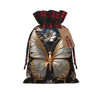 Sac cadeau avec cordon de serrage doré et blanc, motif papillons bicolores, idéal pour Noël et anniversaire