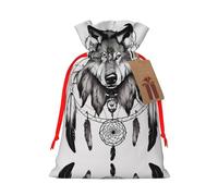 Sac cadeau avec cordon de serrage imprimé loups et attrape-rêves - Pour fête, bonbons, cadeaux de Noël