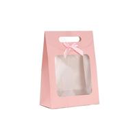 Sac Cadeau avec Fenêtre Transparente Lot de 25 sacs cadeaux en papier kraft avec fenêtre transparente et poignée for bonbons, biscuits, gâteaux, emballage cadeau(Pink,12x16x6cm)