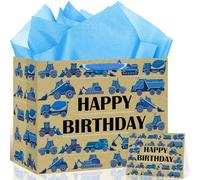 Sac cadeau d'anniversaire de construction bleu avec papier de soie et carte de vœux pour pelleteuses, tracteurs, grues, sac d'emballage kraft pour bébé garçon et enfant