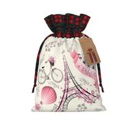 Sac cadeau de Noël avec cordon de serrage imprimé Tour de Paris et vélo pour Noël, anniversaire, fête
