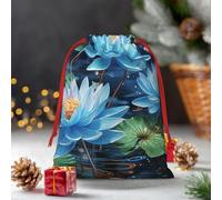 Sac cadeau de Noël avec cordon de serrage - Libellule bleue et lotus - Sacs cadeaux de vacances réutilisables - Boîte cadeau de Noël - Sac à friandises de Noël pour emballer des cadeaux de fête