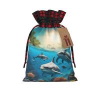 Sac cadeau de Noël avec cordon de serrage, motif dauphins, tortue de mer, requin, pieuvre, corail
