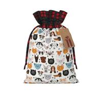 Sac cadeau de Noël avec cordon de serrage pour sacs de Noël, cadeaux de fêtes de fin d'année, visages de chat et de chien, bouledogue, beagle, labrador