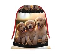 Sac cadeau de Noël en toile de jute à carreaux tartan avec étiquette kraft, motif chiots Golden Retriever, en polyester, petit format. Idéal pour ranger vos cadeaux de Noël et autres petits animaux.
