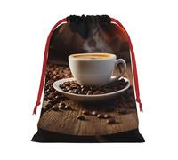 Sac cadeau de Noël en toile de jute à carreaux tartan avec étiquette kraft, motif tasse et grains de café, en polyester - Grand format. Idéal pour ranger vos cadeaux de Noël et autres présents sur la