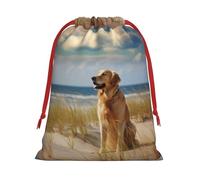 Sac cadeau de Noël en toile de jute à cordon, motif Golden Retriever, avec étiquette kraft, en polyester, taille moyenne. Idéal pour ranger vos cadeaux de Noël.