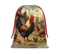 Sac cadeau de Noël en toile de jute à motif poules et coqs, avec cordon de serrage et étiquette kraft, en polyester, grand format. Idéal pour ranger vos cadeaux de Noël et vos présents.