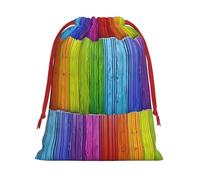 Sac cadeau de Noël en toile de jute à motif tartan avec étiquette kraft et fond en bois arc-en-ciel - Grand format - Polyester - Idéal pour ranger vos cadeaux de Noël et vos présents à la maison