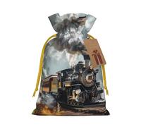 Sac cadeau de Noël imprimé train à vapeur avec cordon de serrage - Sacs d'emballage de Noël, sacs à bonbons, pour décorations de fête de vacances, fournitures de fête de mariage, ruban de Noël jaune M