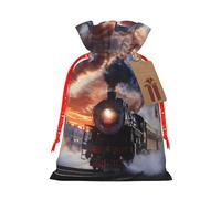Sac cadeau de Noël imprimé train à vapeur Depart Sunset avec cordon de serrage - Sacs d'emballage de Noël, sacs à bonbons, pour décorations de fête de vacances, fournitures de fête de mariage S ruban