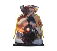 Sac cadeau de Noël imprimé train à vapeur Depart Sunset avec cordon de serrage - Sacs d'emballage de Noël, sacs à bonbons, pour décorations de fête de vacances, fournitures de fête de mariage S ruban