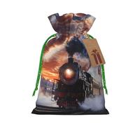 Sac cadeau de Noël imprimé train à vapeur Depart Sunset avec cordon de serrage - Sacs d'emballage de Noël, sacs à bonbons, pour décorations de fête de vacances, fournitures de fête de mariage S ruban