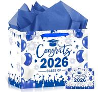 Sac cadeau de remise de diplôme bleu avec papier de soie et carte bleu marine et blanc pour la e 2026, cadeau de félicitations, sac en papier cadeau de remise de diplôme, sac à friandises pour