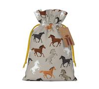 Sac cadeau en lin avec cordon de serrage imprimé cheval mignon pour fête de Noël, emballage cadeau de vacances.
