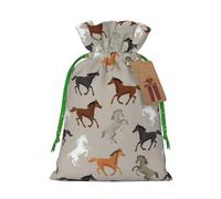 Sac cadeau en lin avec cordon de serrage imprimé cheval mignon pour fête de Noël, emballage cadeau de vacances.