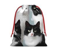 Sac cadeau en velours super doux avec motif chats noirs et blancs avec pochette à cordon de serrage, sac de rangement complet imprimé pour Noël et rangement quotidien