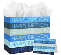 Sac cadeau grand format 33 cm x 12 cm x 26 cm, sac cadeau de luxe à rayures bleues avec carte cadeau et papier de soie, sacs de fête pour cadeaux, grand sac cadeau d'anniversaire pour elle