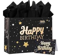 Sac cadeau grand format 33 cm x 12 cm x 26 cm, sac cadeau noir et doré de luxe avec carte cadeau et papier de soie, sacs de fête pour cadeaux, grand sac cadeau d'anniversaire pour elle