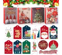 Sac Cadeau Noël - 12 Pièces Pochette Avec Poignée Ruban, 4 Styles Emballage, 48 Étiquettes - Fournitures de Fête 18x10x23cm