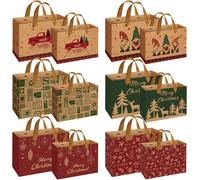 Sac Cadeau Noel,12 Pièces Pochette Cadeau Noel Set ,Sacs Cadeaux Avec Anse ,Sacs De Noël En Papier Kraft ,Emballage Cadeau Réutilisable Petit/Centre