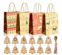Sac Cadeau Noel Kraft,12 Pièces Pochette Cadeau Noel,4 Styles Sac Emballage Cadeau Noel avec Anse et 48 Étiquettes de Noël,pour Fournitures de Fête,21 x 15 x 8cm