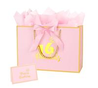 Sac cadeau pour 16e anniversaire de 32,6 cm avec carte cadeau et papier de soie pour fournitures de 16e anniversaire de fille (rose 16e)