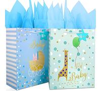 Sac cadeau pour bébé garçon, sacs cadeaux grands de 32 cm avec papier de soie, sac cadeau pour fête prénatale avec design en feuille dorée, sac cadeau en papier pour nouveau-né, bébé, nouvelles mamans