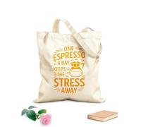 Sac cadeau pour bouteille de vin en toile Un graphisme avec une citation sur l'espresso comme remède contre le stress et une image d'une cafetière. tissu épais de 340g/m² S'accorde avec les vêtements
