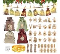 Sac Calendrier de L'avent à Remplir, Sac en Tissu de Calendrier de l'avent de Noël avec Guirlande lumineuse de NOël et Etiquettes, CaLendrier de NoëL Sacs à DIY, CaLENdrier de L'Avent Maison