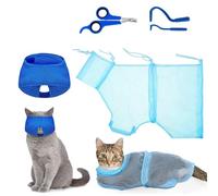 Sac De Bain pour Chat - 5 Pièces Ensemble Toilettage Chat Sac Filet Douche,Soin Griffes Réglable Brosse Museau Élimine Tiques Respirant Lavage Lapin Chien