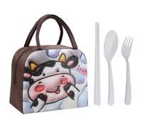 Sac de boîte à déjeuner QFEHTHSK en forme de vache de dessin animé, ensemble de vaisselle 3 pièces, sac étanche de grande capacité, portable pour enfants