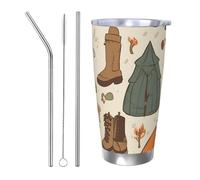 Sac de couchage en acier inoxydable avec couvercle et paille pour boissons chaudes et froides, à double paroi isotherme pour boissons chaudes et froides, motif feu de camp, tasse à café de voyage