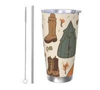Sac de couchage en acier inoxydable avec couvercle et paille pour boissons chaudes et froides, à double paroi isotherme pour boissons chaudes et froides, motif feu de camp, tasse à café de voyage