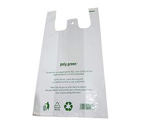 Sac de course a bretelle blanc 50 micros en plastique réutilisable en 50µ conformes au décret 2016-379 du 30 Mars 2016, pochon imprimé avec texte légal avec trou pour crochet 1000, XL= 65 x 30 cm