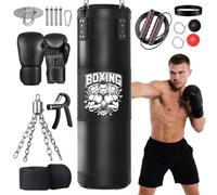 Sac de Frappe Adultes Ninonly 120CM Lourd Sac de Boxe avec Gants de Boxe Appareil de renforcement de la Force de préhension Corde à Sauter pour Kickboxing MMA Muay Thai-Non Rempli (Noir Bras croisés)