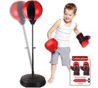 Sac de Frappe Enfants 3 Ans-Punching Ball sur Pied - Hauteur Réglable 70-110CM -Gants et Pompe à Main-Base de Lestage-Rouge