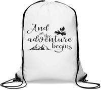 Sac de gym avec cordon de serrage et inscription « And So The Adventure Begins Camp Fire » - Blanc