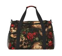 Sac de gym avec imprimé tête de mort et rose rouge de grande capacité, sac de transport à main pliable pour activités de plein air dernière intervention