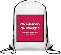 Sac de gym carré rouge avec cordon de serrage et cordon de serrage « No Excuses No Worries Never Give Up Because Great Things Take Time »