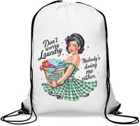 Sac de gym décontracté avec cordon de serrage Inscription Don't Worry Laundry Nobody's Doing Me Either Pin Up Girl Blanc