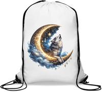 Sac de gym décontracté avec cordon de serrage Motif loup mystique hurlant sur un croissant de lune Blanc