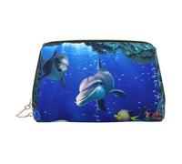 Sac de maquillage avec imprimé dauphi de poissons du monde sous-marin, sac à cosmétiques, sac à cosmétiques en cuir synthétique pour femme avec dragonne, doré, Taille unique