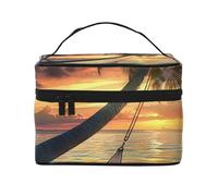 Sac de maquillage imprimé en forme de coco, plage, coucher de soleil, sac de maquillage de voyage pour femme, sac de rangement à fermeture éclair, trousse de toilette organisateur avec poignée, Noir ,